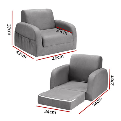 Keezi Kids Sofa 2 Seater Children Flip Open Couch Lounger Armchair Soft Grey - Cosy Abode