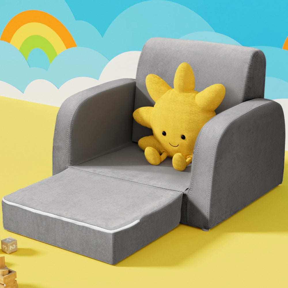 Keezi Kids Sofa 2 Seater Children Flip Open Couch Lounger Armchair Soft Grey - Cosy Abode