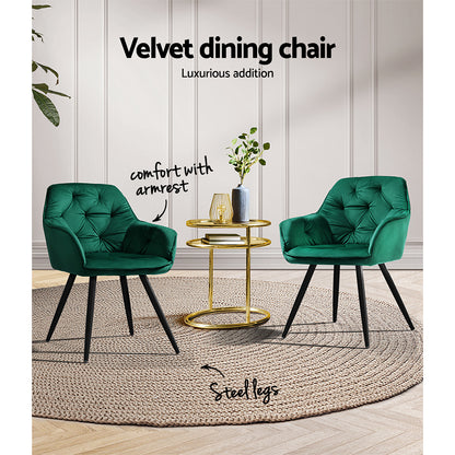 Artiss Dining Chairs Set of 2 Velvet Diamond Tufted Armchair Green - Cosy Abode