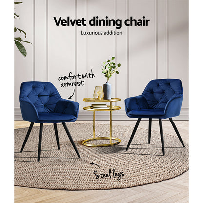 Artiss Dining Chairs Set of 2 Velvet Diamond Tufted Armchair Blue - Cosy Abode