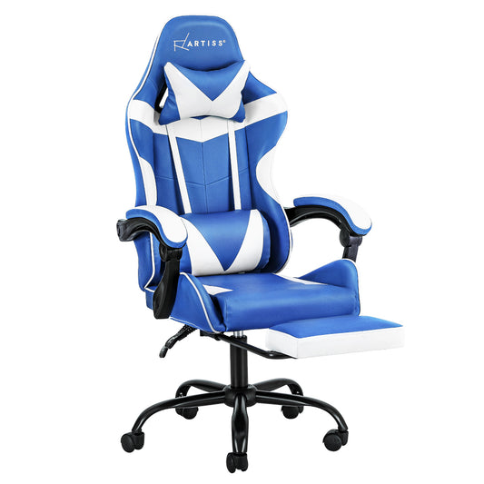 Artiss Gaming Office Chair Executive Computer Leather Chairs Footrest Blue White - Cosy Abode