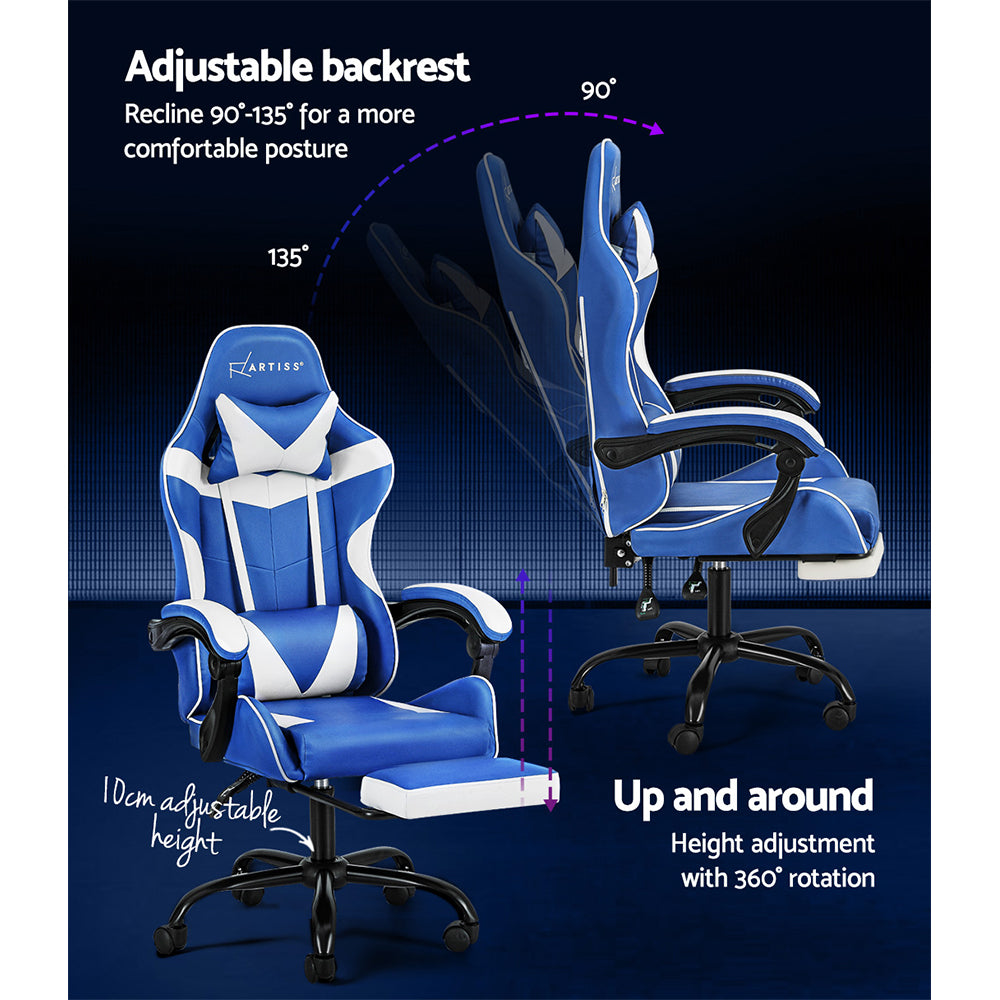 Artiss Gaming Office Chair Executive Computer Leather Chairs Footrest Blue White - Cosy Abode