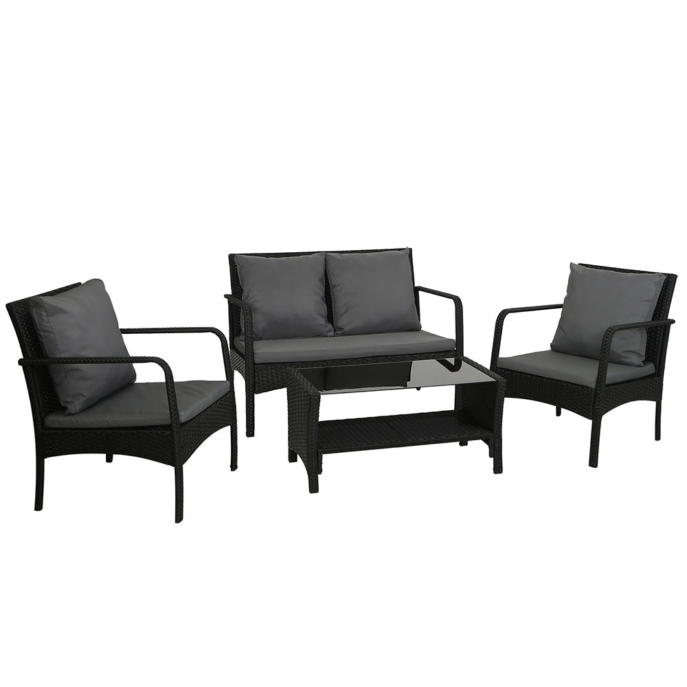 Gardeon 4 Pc Outdoor Wicker Furniture Setting with Glass Top Table - Black - Cosy Abode