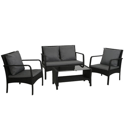Gardeon 4 Pc Outdoor Wicker Furniture Setting with Glass Top Table - Black - Cosy Abode