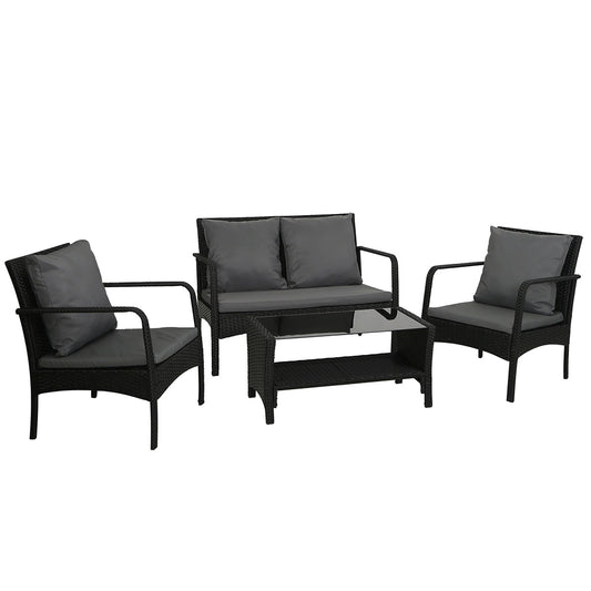 Gardeon 4 Pc Outdoor Wicker Furniture Setting with Glass Top Table - Black - Cosy Abode