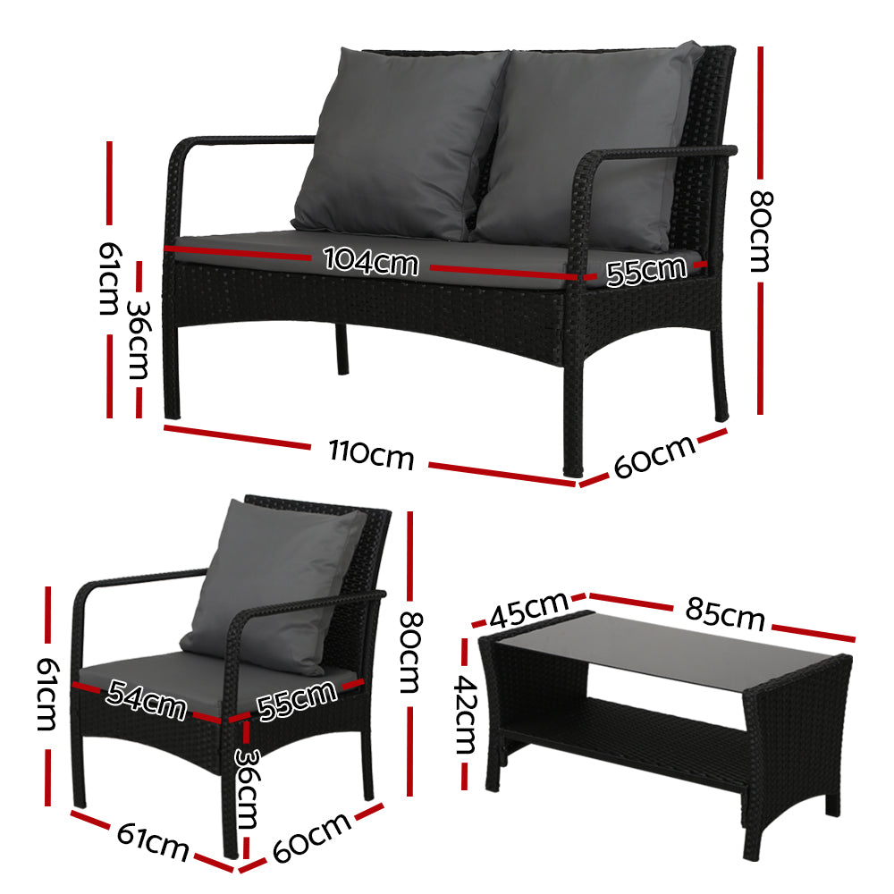 Gardeon 4 Pc Outdoor Wicker Furniture Setting with Glass Top Table - Black - Cosy Abode