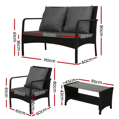 Gardeon 4 Pc Outdoor Wicker Furniture Setting with Glass Top Table - Black - Cosy Abode