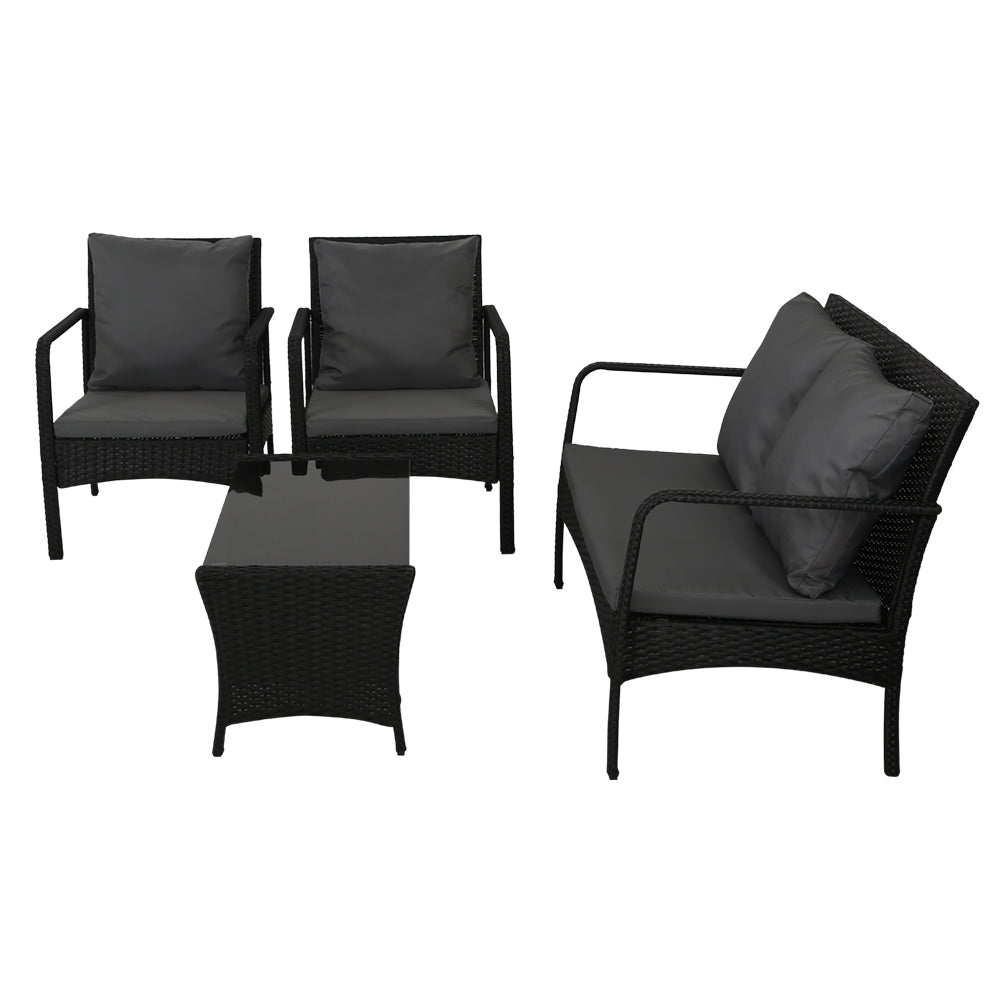 Gardeon 4 Pc Outdoor Wicker Furniture Setting with Glass Top Table - Black - Cosy Abode