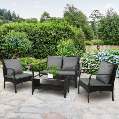 Gardeon 4 Pc Outdoor Wicker Furniture Setting with Glass Top Table - Black - Cosy Abode