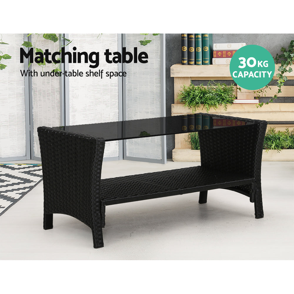 Gardeon 4 Pc Outdoor Wicker Furniture Setting with Glass Top Table - Black - Cosy Abode