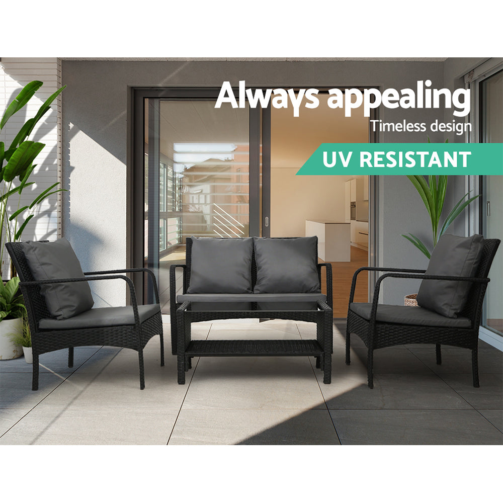 Gardeon 4 Pc Outdoor Wicker Furniture Setting with Glass Top Table - Black - Cosy Abode