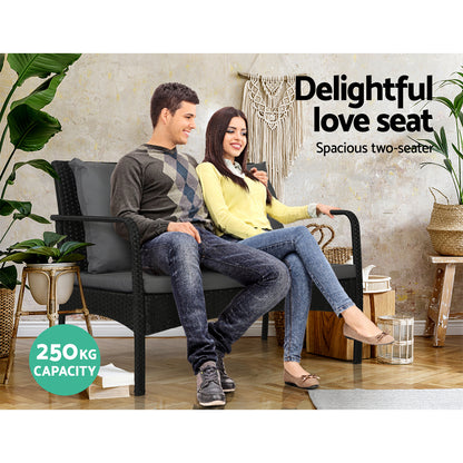 Gardeon 4 Pc Outdoor Wicker Furniture Setting with Glass Top Table - Black - Cosy Abode