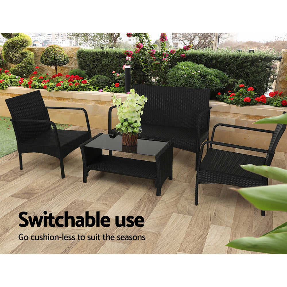 Gardeon 4 Pc Outdoor Wicker Furniture Setting with Glass Top Table - Black - Cosy Abode