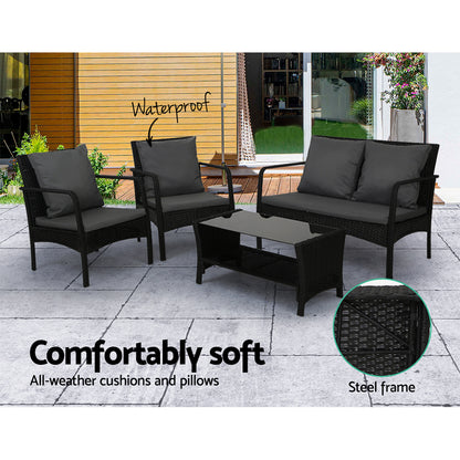 Gardeon 4 Pc Outdoor Wicker Furniture Setting with Glass Top Table - Black - Cosy Abode