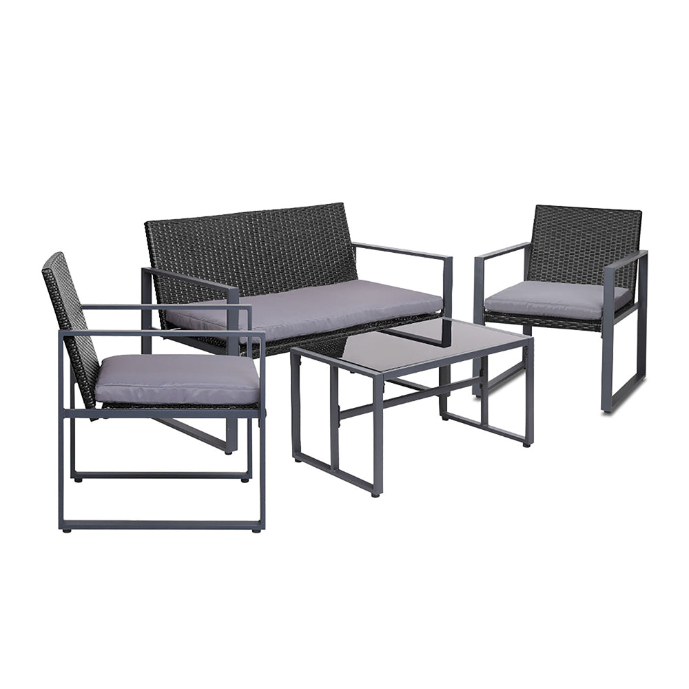 Gardeon 4 PCS Outdoor Rattan Furniture Setting with Glass Top Table - Black - Cosy Abode