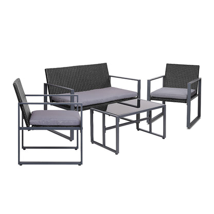 Gardeon 4 PCS Outdoor Rattan Furniture Setting with Glass Top Table - Black - Cosy Abode