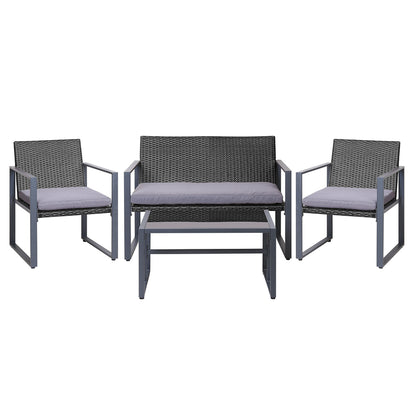 Gardeon 4 PCS Outdoor Rattan Furniture Setting with Glass Top Table - Black - Cosy Abode