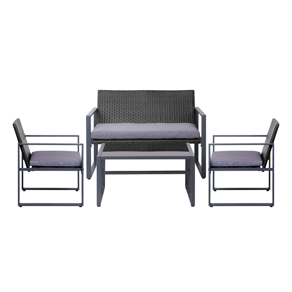 Gardeon 4 PCS Outdoor Rattan Furniture Setting with Glass Top Table - Black - Cosy Abode