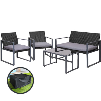 Gardeon 4 PCS Rattan Outdoor Furniture Setting with Glass Top Table & Storage Cover - Black - Cosy Abode