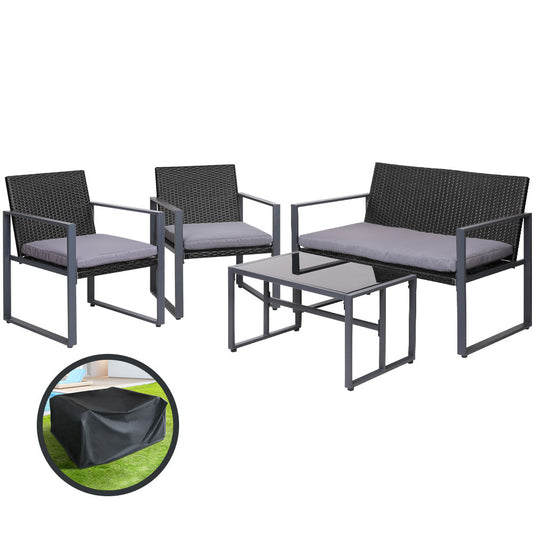 Gardeon 4 PCS Rattan Outdoor Furniture Setting with Glass Top Table & Storage Cover - Black - Cosy Abode
