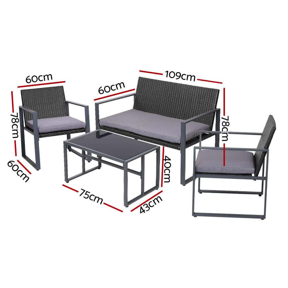 Gardeon 4 PCS Rattan Outdoor Furniture Setting with Glass Top Table & Storage Cover - Black - Cosy Abode