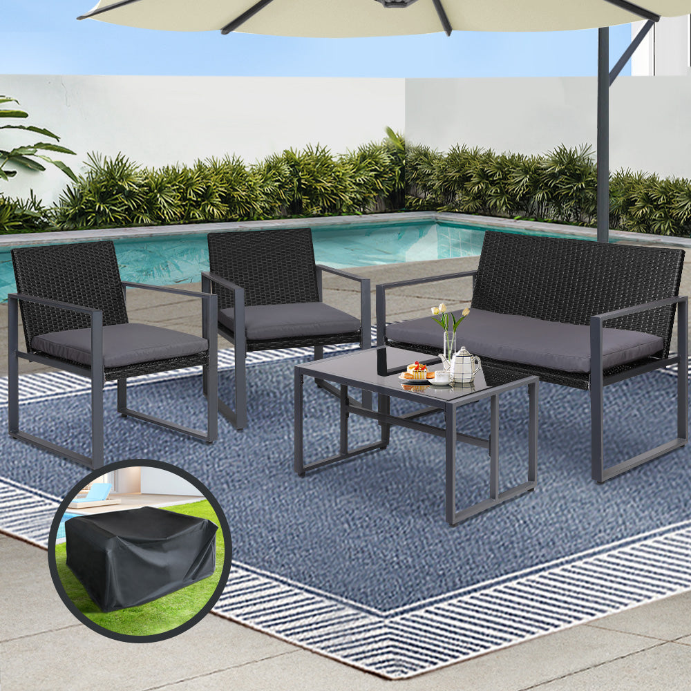 Gardeon 4 PCS Rattan Outdoor Furniture Setting with Glass Top Table & Storage Cover - Black - Cosy Abode
