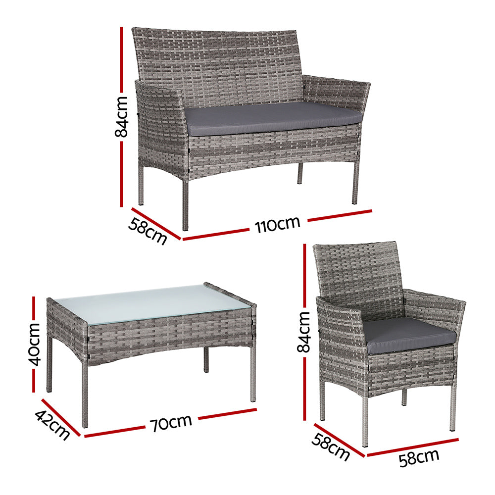 Gardeon 4 Seater Outdoor Sofa Set Wicker Setting Table Chair Furniture Grey - Cosy Abode