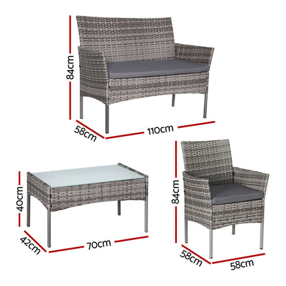 Gardeon 4 Seater Outdoor Sofa Set Wicker Setting Table Chair Furniture Grey - Cosy Abode