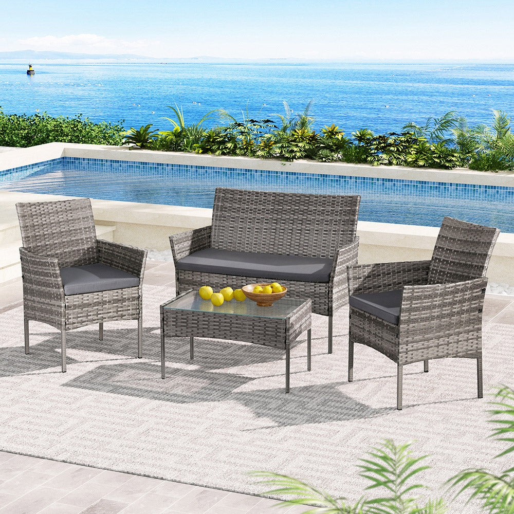 Gardeon 4 Seater Outdoor Sofa Set Wicker Setting Table Chair Furniture Grey - Cosy Abode