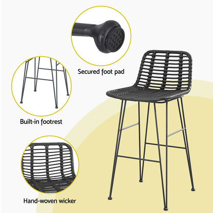 Gardeon 2 Piece Outdoor Bar Stools Wicker Dining Rattan Chair Black - Cosy Abode
