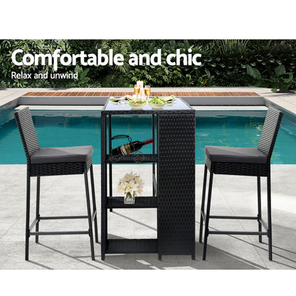 Gardeon 3-Piece Outdoor Bar Set Patio Dining Chairs Wicker Table Stools - Cosy Abode