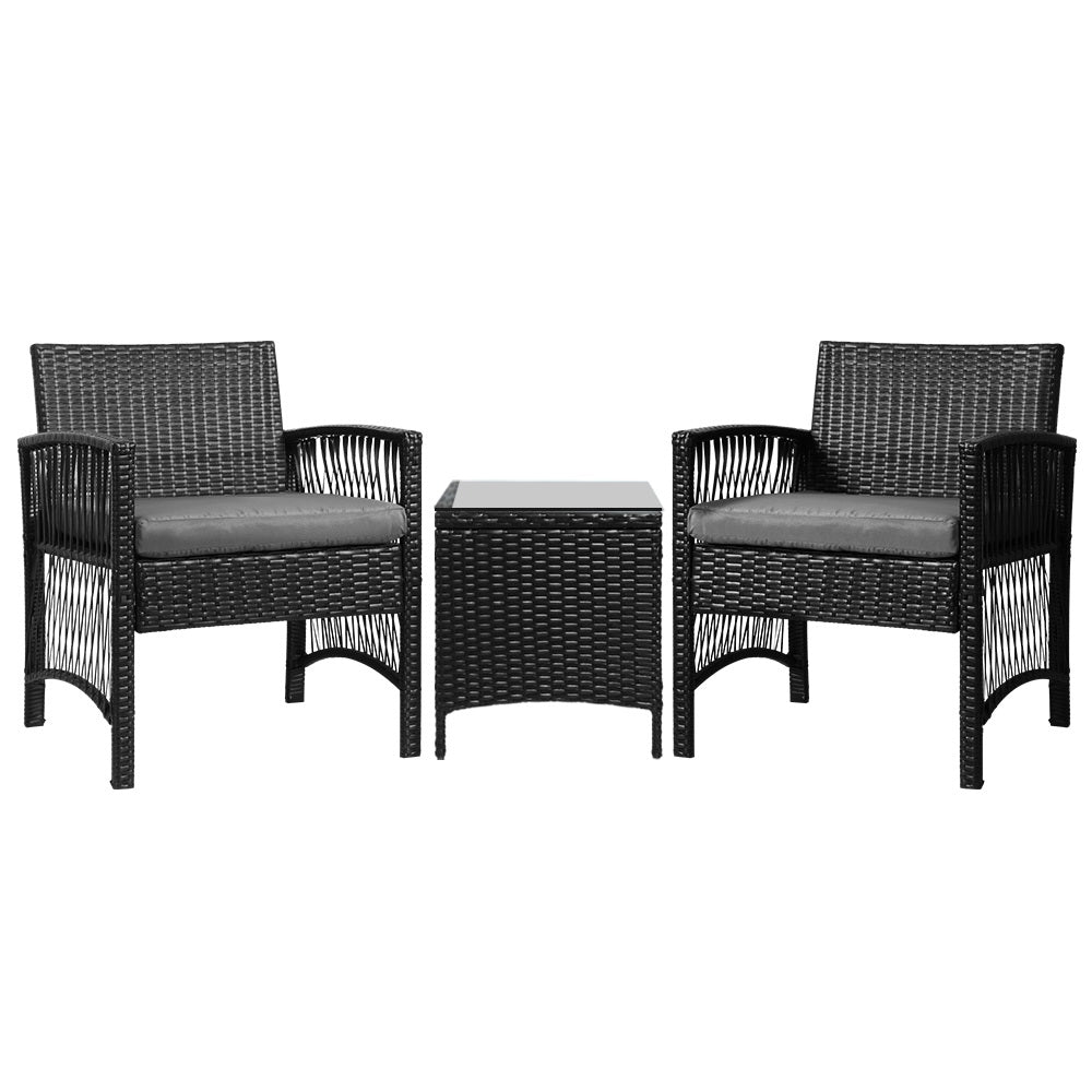 Gardeon 3PC Outdoor Bistro Set Patio Furniture Wicker Dining Chairs Table Cushion Black - Cosy Abode