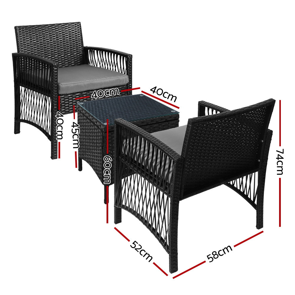 Gardeon 3PC Outdoor Bistro Set Patio Furniture Wicker Dining Chairs Table Cushion Black - Cosy Abode