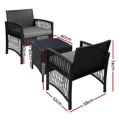 Gardeon 3PC Outdoor Bistro Set Patio Furniture Wicker Dining Chairs Table Cushion Black - Cosy Abode