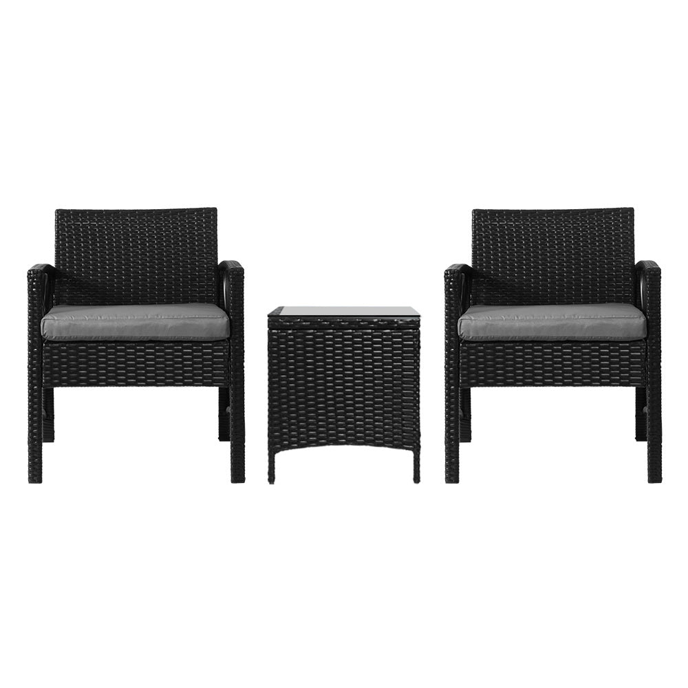 Gardeon 3PC Outdoor Bistro Set Patio Furniture Wicker Dining Chairs Table Cushion Black - Cosy Abode