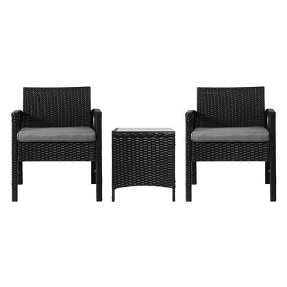Gardeon 3PC Outdoor Bistro Set Patio Furniture Wicker Dining Chairs Table Cushion Black - Cosy Abode