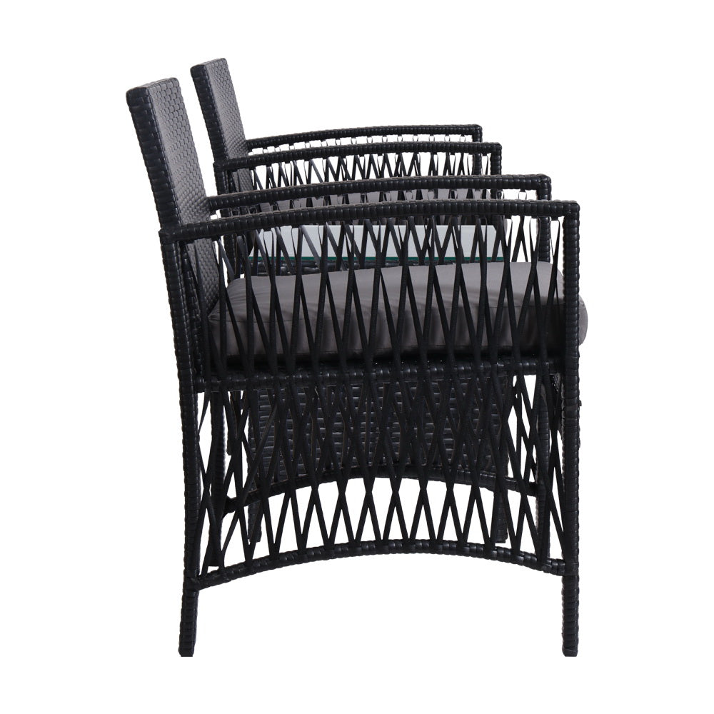 Gardeon 3PC Outdoor Bistro Set Patio Furniture Wicker Dining Chairs Table Cushion Black - Cosy Abode
