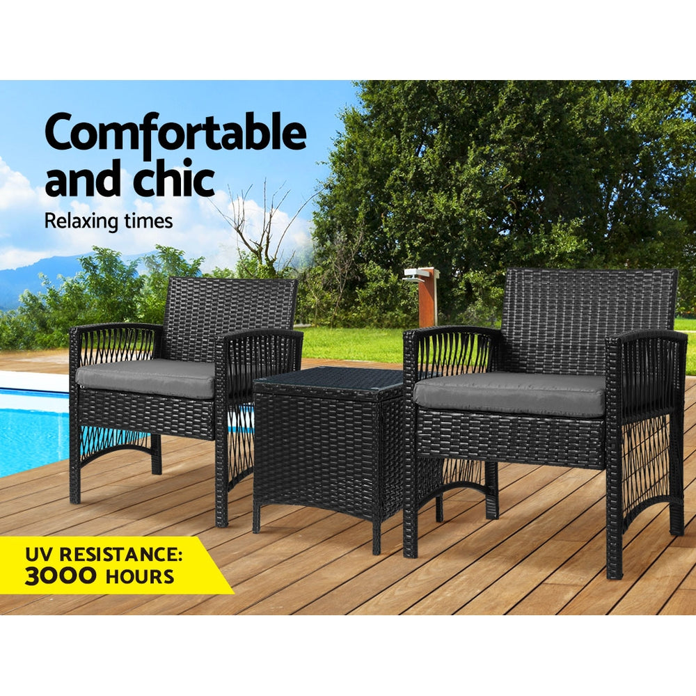 Gardeon 3PC Outdoor Bistro Set Patio Furniture Wicker Dining Chairs Table Cushion Black - Cosy Abode