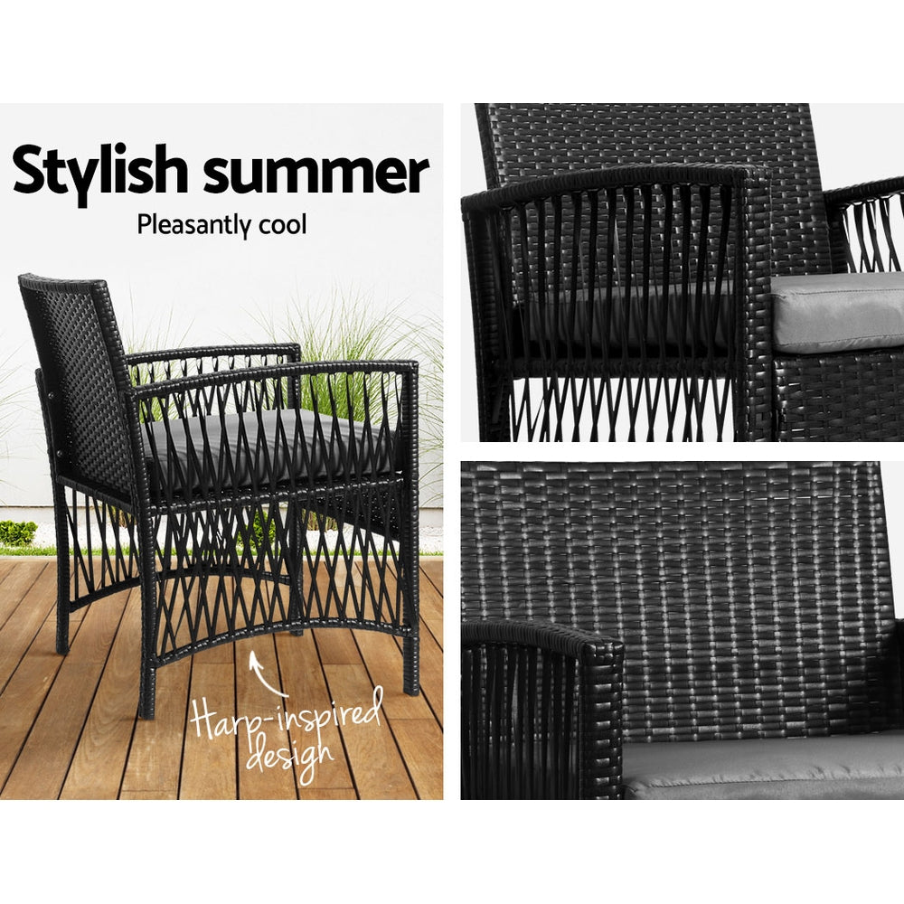Gardeon 3PC Outdoor Bistro Set Patio Furniture Wicker Dining Chairs Table Cushion Black - Cosy Abode