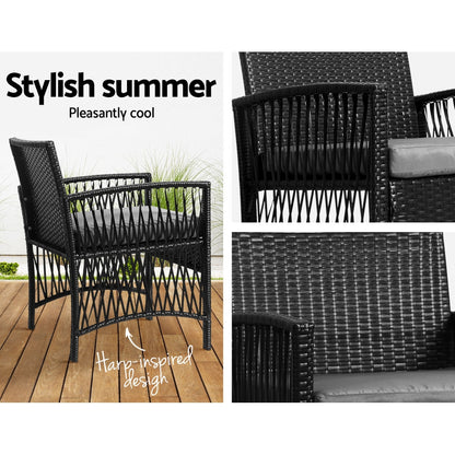Gardeon 3PC Outdoor Bistro Set Patio Furniture Wicker Dining Chairs Table Cushion Black - Cosy Abode
