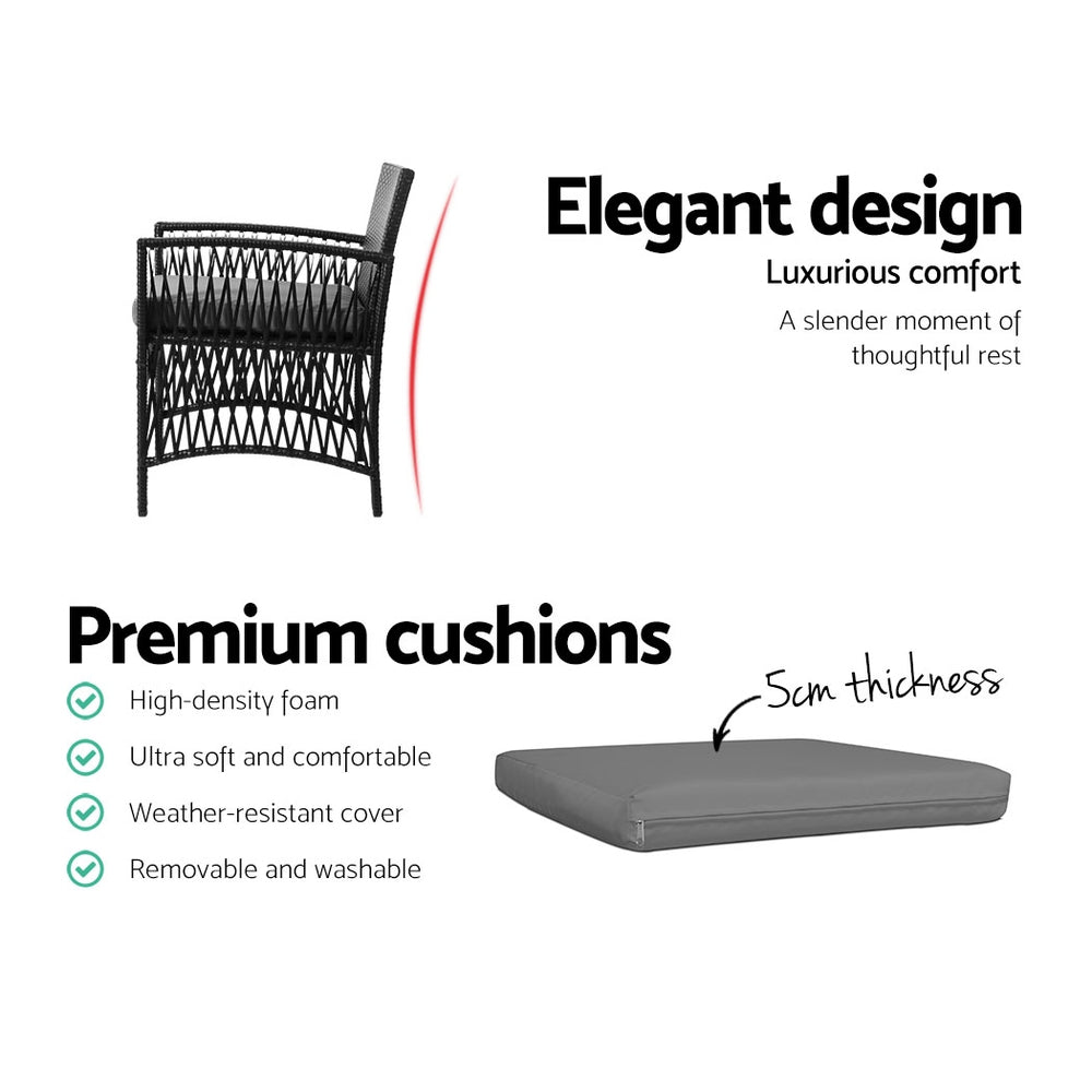 Gardeon 3PC Outdoor Bistro Set Patio Furniture Wicker Dining Chairs Table Cushion Black - Cosy Abode