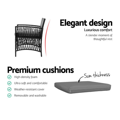 Gardeon 3PC Outdoor Bistro Set Patio Furniture Wicker Dining Chairs Table Cushion Black - Cosy Abode