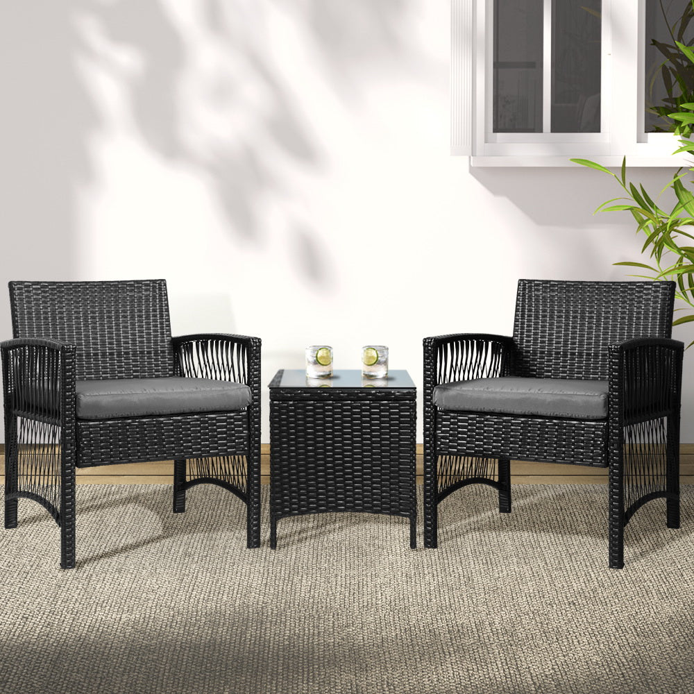 Gardeon 3PC Outdoor Bistro Set Patio Furniture Wicker Dining Chairs Table Cushion Black - Cosy Abode