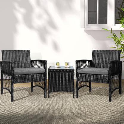 Gardeon 3PC Outdoor Bistro Set Patio Furniture Wicker Dining Chairs Table Cushion Black - Cosy Abode