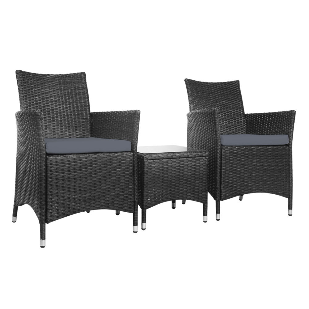Gardeon 3PC Outdoor Bistro Set Patio Furniture Wicker Setting Chairs Table Cushion Black - Cosy Abode