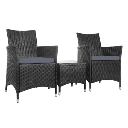 Gardeon 3PC Outdoor Bistro Set Patio Furniture Wicker Setting Chairs Table Cushion Black - Cosy Abode
