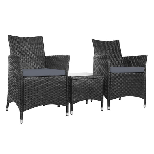 Gardeon 3PC Outdoor Bistro Set Patio Furniture Wicker Setting Chairs Table Cushion Black - Cosy Abode