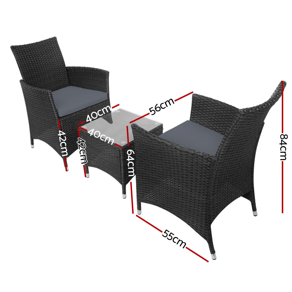 Gardeon 3PC Outdoor Bistro Set Patio Furniture Wicker Setting Chairs Table Cushion Black - Cosy Abode