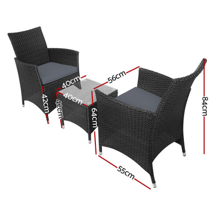 Gardeon 3PC Outdoor Bistro Set Patio Furniture Wicker Setting Chairs Table Cushion Black - Cosy Abode