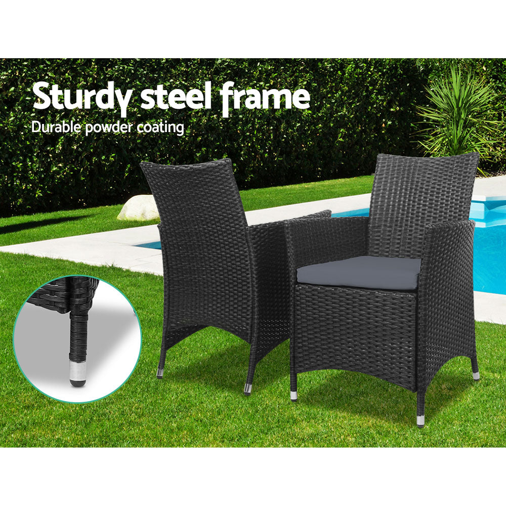 Gardeon 3PC Outdoor Bistro Set Patio Furniture Wicker Setting Chairs Table Cushion Black - Cosy Abode